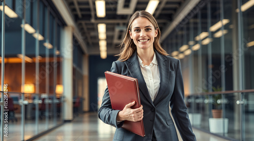 smiling businesswoman in a suit strides through an office holding a folder photo