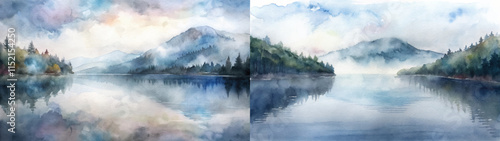 Serene watercolor landscape featuring misty mountains and a tranquil lake reflecting soft hues.