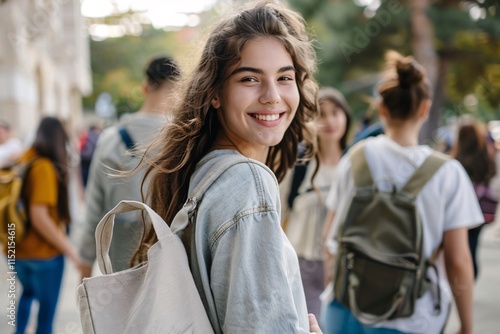 Pretty teenage girl walking with friends on the way to university photo