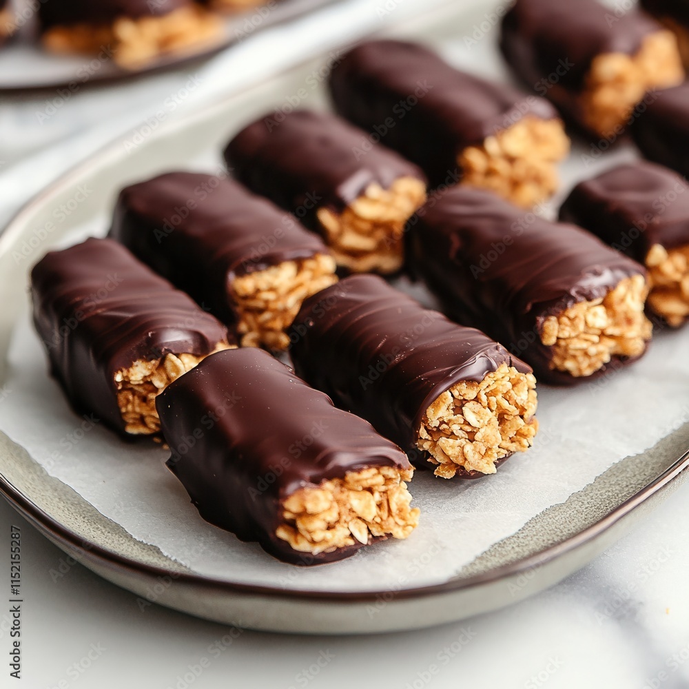 Homemade chocolate-covered granola bars displayed on a serving platter in a cozy kitchen setting during the afternoon Homemade chocolate-covered granola bars displayed on a serving platter in a cozy kitchen setting during the afternoon