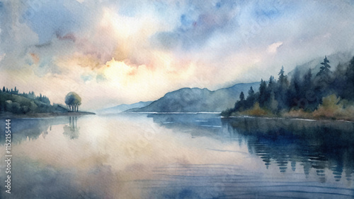 Dreamy watercolor landscape with a tranquil lake, soft clouds, and silhouetted trees against distant mountains.