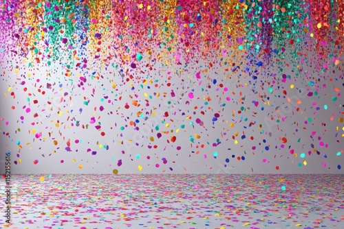 Colorful confetti scattered across a floor with cascading elements, offering copy space, suitable for celebrations, banners, and festive backgrounds.

