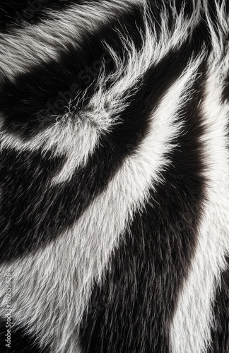 Close-up view of striking black and white fur texture displaying natural patterns and contrasts in light and shadow created by animal coat photo