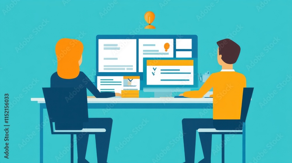 A woman and a man collaborating at a modern workspace, focused on their computer screens, highlighting teamwork and productivity. A woman and a man collaborating at a modern workspace, focused on their computer screens, highlighting teamwork and productivity.