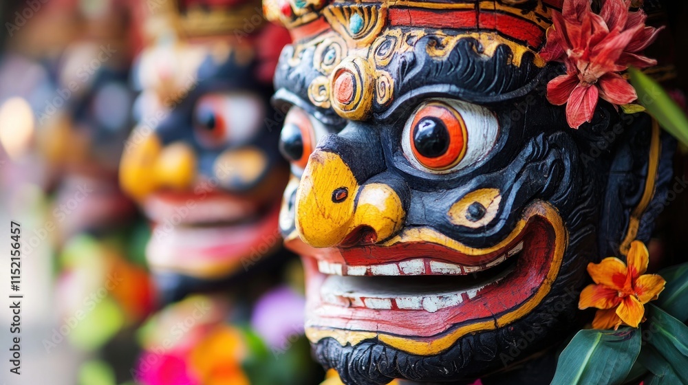 Close-up of intricately carved, colorful wooden mask with demonic features, adorned with flowers. Close-up of intricately carved, colorful wooden mask with demonic features, adorned with flowers.