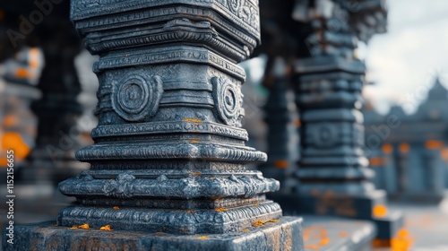 Close-up of intricately carved stone pillar at ancient temple. photo