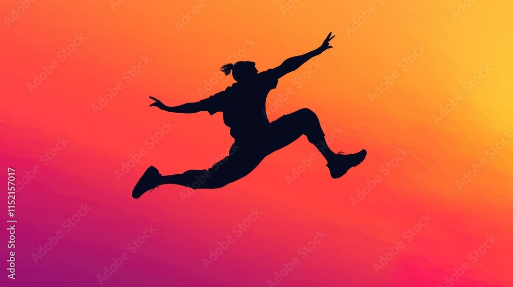 A silhouetted figure leaps against a vibrant, colorful background, symbolizing freedom and energy. A silhouetted figure leaps against a vibrant, colorful background, symbolizing freedom and energy.