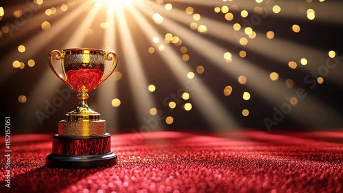 Golden trophy shining on a luxurious red velvet podium with spotlight beams illuminating the scene, perfect for award ceremonies, gala events, and recognition moments