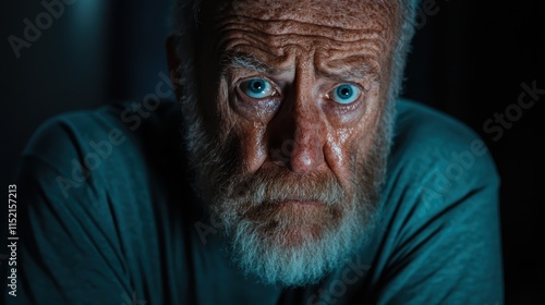 An older man with striking blue eyes and a white beard gazes pensively, capturing wisdom and contemplation under subtle lighting, against a neutral backdrop. photo