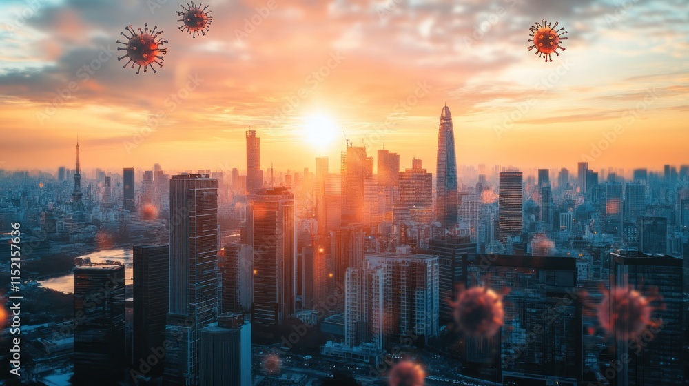 Fototapeta premium A city skyline at sunset with floating virus graphics, symbolizing health concerns.