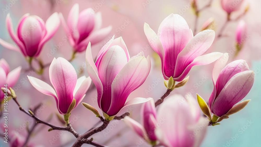 Pink magnolia blossoms bloom elegantly in spring, showcasing delicate petals and vibrant colors Pink magnolia blossoms bloom elegantly in spring, showcasing delicate petals and vibrant colors