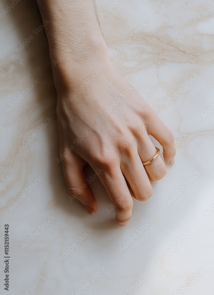 Elegant hand resting on a marble surface showcasing delicate rings with soft lighting illuminating the fine details and textures of the skin Elegant hand resting on a marble surface showcasing delicate rings with soft lighting illuminating the fine details and textures of the skin