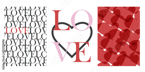 Set of cute stylish designs for Valentine's Day or wedding invitation. Vertical templates for romantic poster or love declaration card.