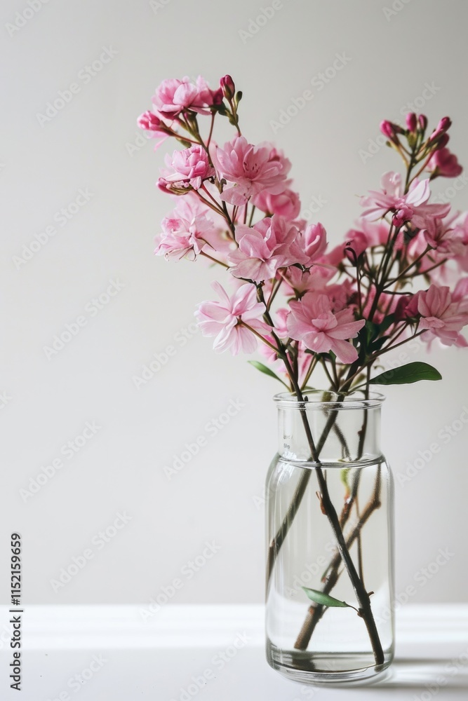Pink Blooms: Vertical Floral Still Life with Copy Space on White Background Pink Blooms: Vertical Floral Still Life with Copy Space on White Background