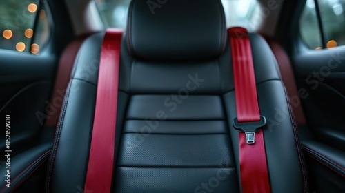 The image captures a sleek and stylish car interior featuring luxurious black leather seats contrasted with vibrant red seat belts, depicting modern automotive elegance. photo