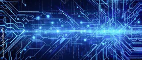 High-tech digital circuitry with glowing lights and data connections in a futuristic setting
