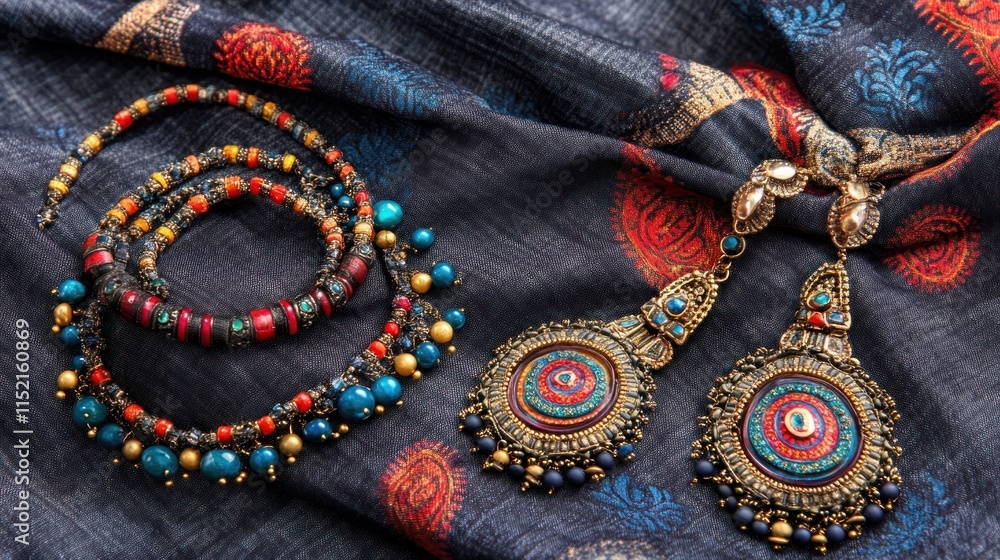 Colorful beaded necklace and earrings on patterned fabric. Colorful beaded necklace and earrings on patterned fabric.