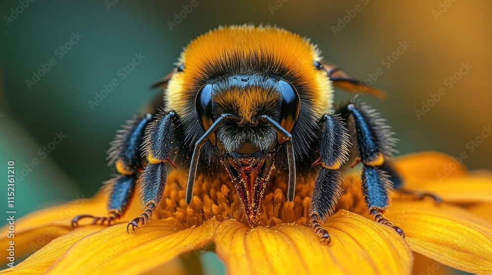 A close-up of a bee on a vibrant flower, showcasing intricate details of its anatomy.