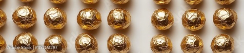 Rows of shiny golden balls arranged in a neat pattern on a white background showcasing their vibrant texture and hues with soft lighting highlighting their surface photo