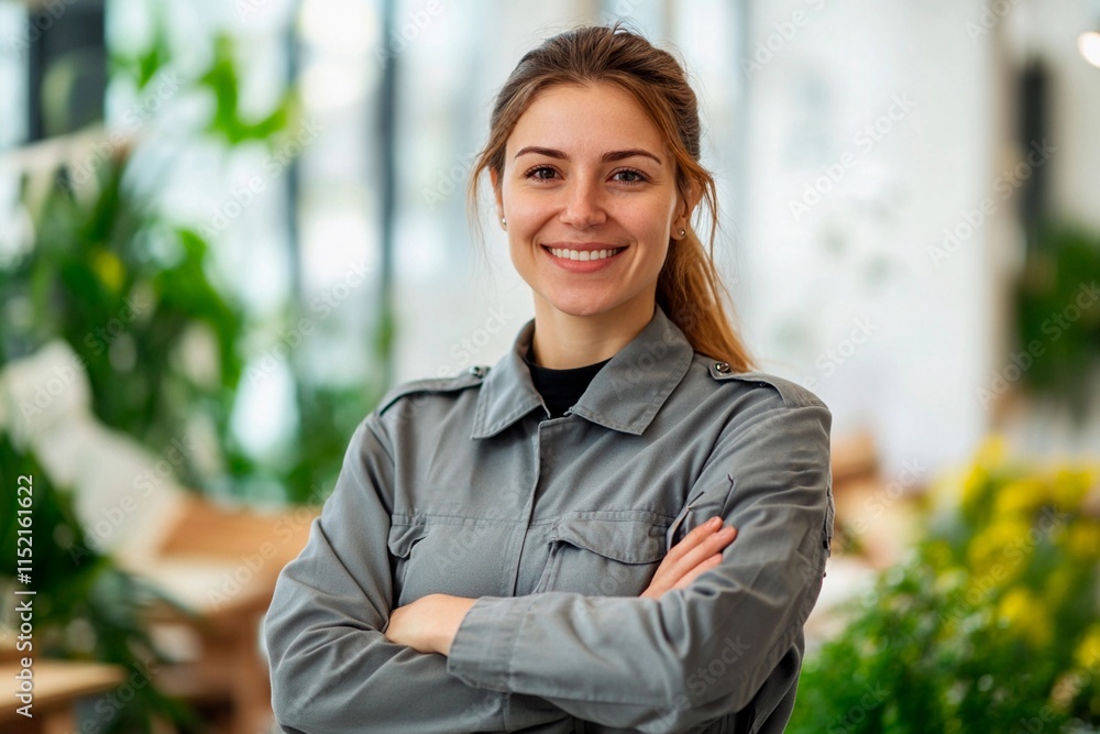 Confident woman in casual attire stands proudly in a vibrant indoor garden setting Confident woman in casual attire stands proudly in a vibrant indoor garden setting