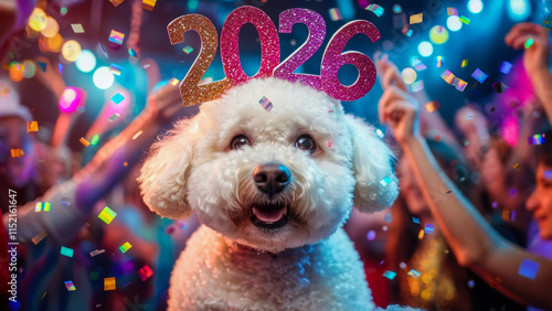 Dog celebrating New Year's Eve with party hat and confetti in a lively atmosphere during a joyful countdown event