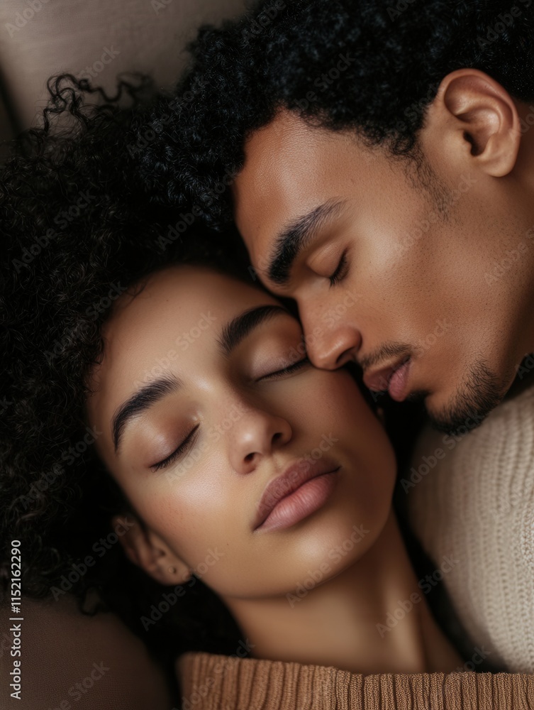 Couple sharing an intimate moment while resting together on a cozy surface with eyes closed in a warm atmosphere during a quiet afternoon Couple sharing an intimate moment while resting together on a cozy surface with eyes closed in a warm atmosphere during a quiet afternoon