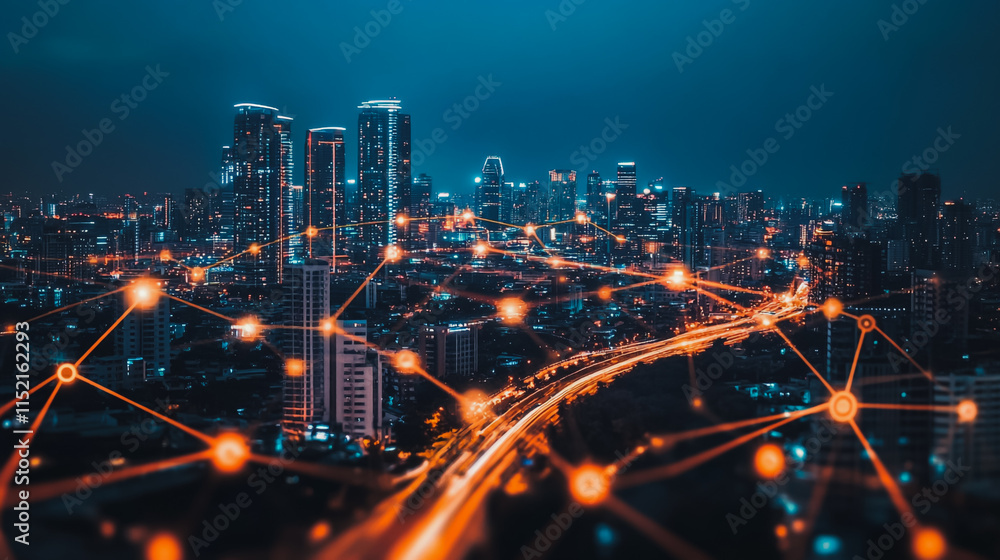 Fototapeta premium Abstract businesswoman stands on the peak of success Smart digital city with connection cyber security network reciprocity over the cityscape future wireless digital city and social media networking