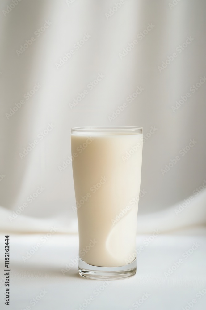 Creamy glass of milk placed on a white surface with soft light from the background enhancing its texture and color during daytime Creamy glass of milk placed on a white surface with soft light from the background enhancing its texture and color during daytime