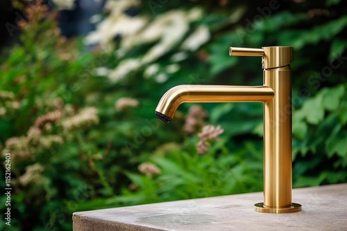 Elegant golden faucet amid lush greenery enhances outdoor ambiance photo