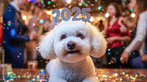 Dog celebrates New Year\'s Eve with party decorations and cheerful atmosphere at a lively gathering in 2025 photo