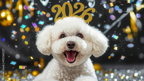 Cute white dog celebrates New Year with festive decor and glittering confetti in a party setting photo
