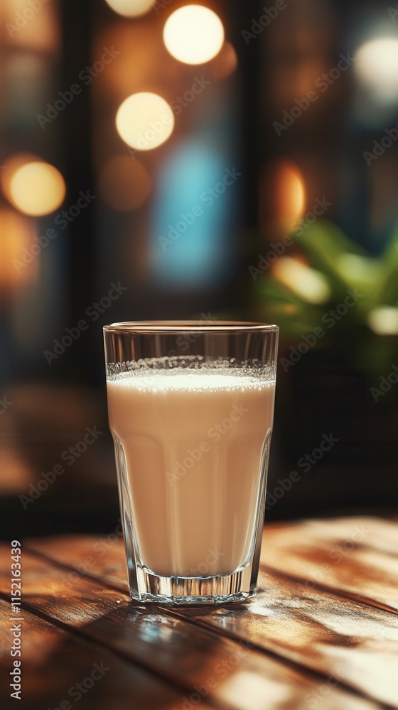 Delicious creamy beverage served in a glass on a wooden table with warm ambient lighting in a cozy setting Delicious creamy beverage served in a glass on a wooden table with warm ambient lighting in a cozy setting
