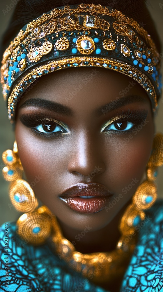 Elegant portrait of a woman showcasing traditional jewelry with vibrant accessories and striking makeup Elegant portrait of a woman showcasing traditional jewelry with vibrant accessories and striking makeup
