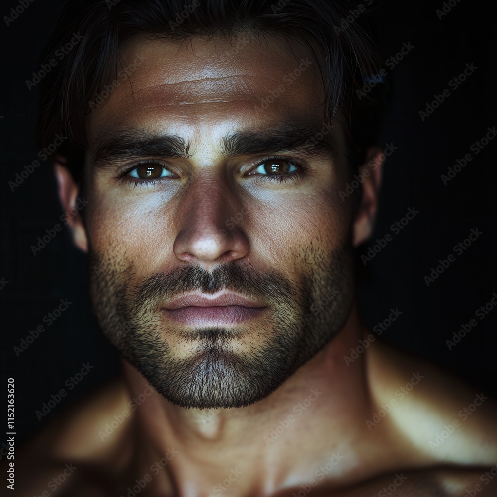 Obraz premium Striking close-up portrait showcasing a muscular man with intense gaze, emphasizing facial features and strong jawline, set against dark background highlighting his expressions