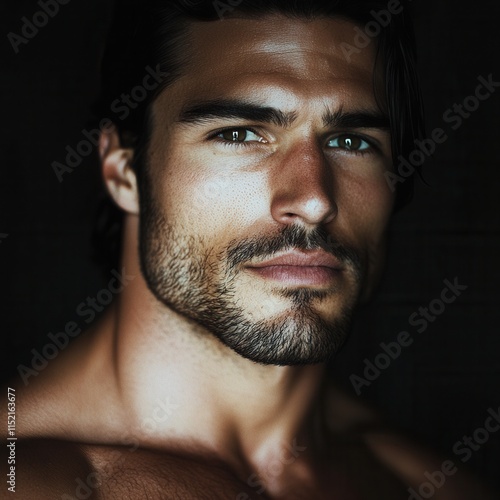 Close-up portrait of a muscular man with striking features and intense green eyes captured under soft lighting