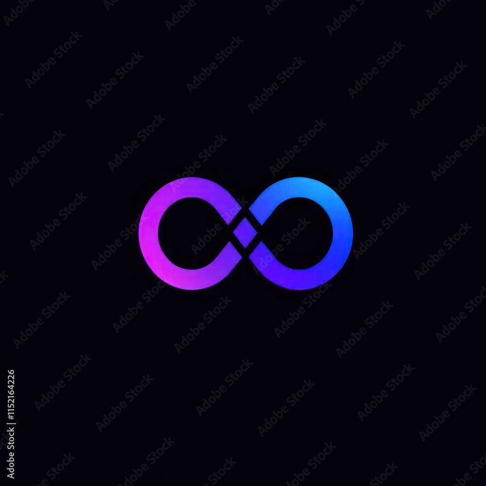 Abstract infinity symbol in vibrant purple and blue gradient on black background. Abstract infinity symbol in vibrant purple and blue gradient on black background.