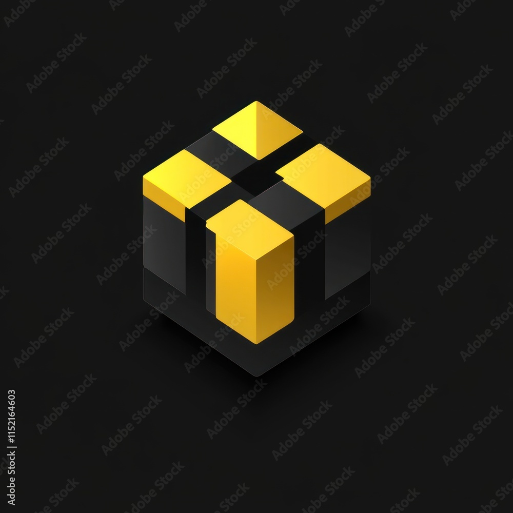 Fototapeta premium Abstract isometric cube with gold and black design elements.