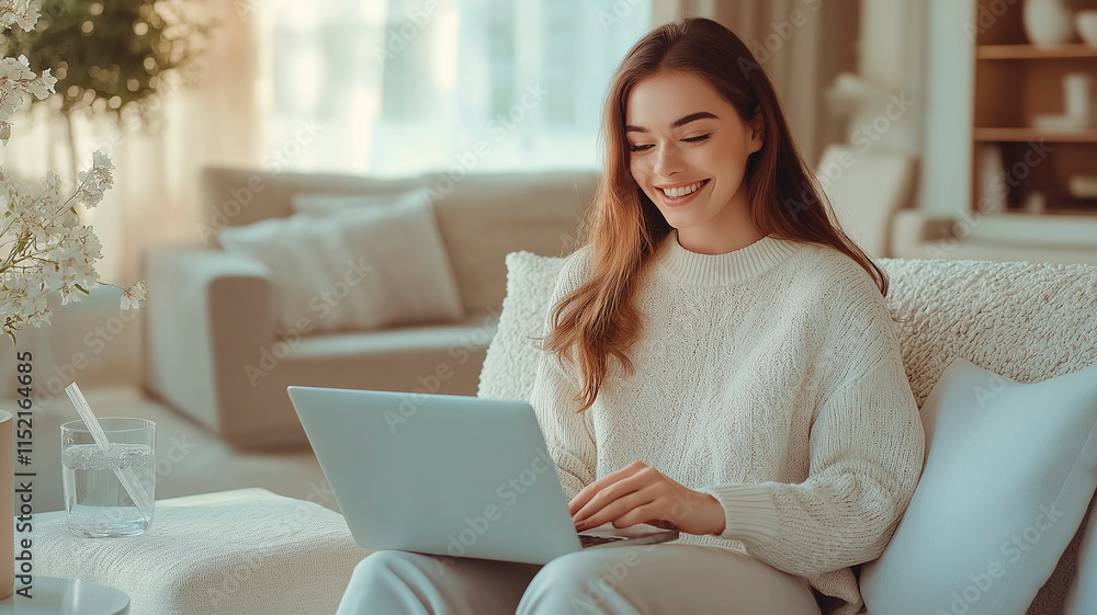 Smiling Woman Working on Laptop in Cozy Home Office Smiling Woman Working on Laptop in Cozy Home Office