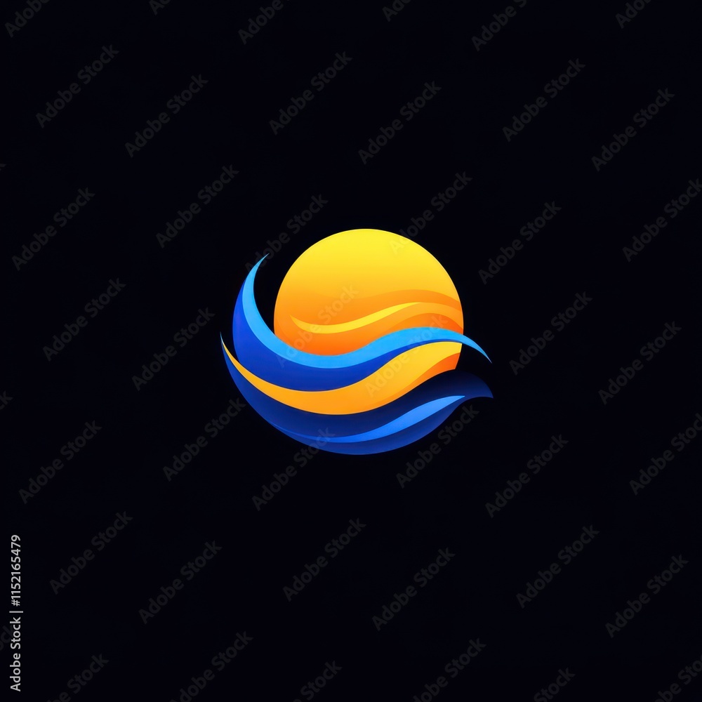 Abstract logo design featuring a sun and waves, vibrant colors on a dark background. Abstract logo design featuring a sun and waves, vibrant colors on a dark background.