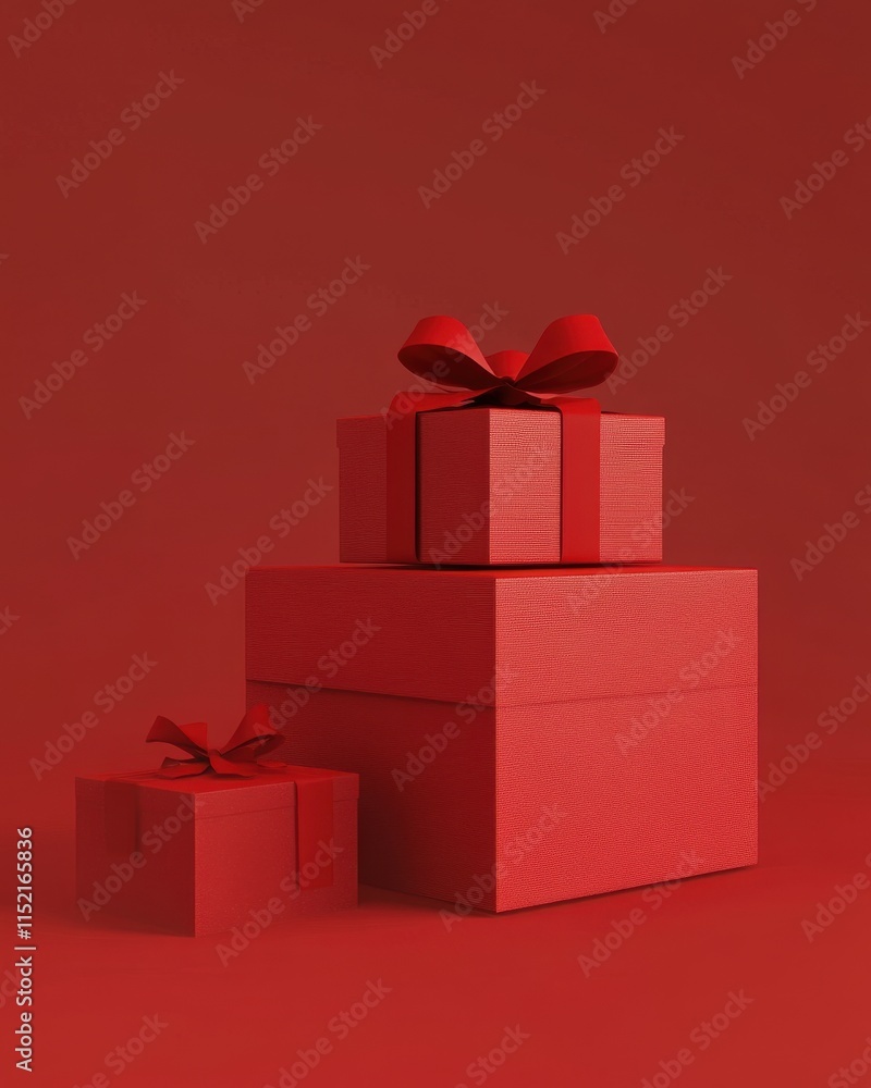 Obraz premium Three vibrant red gift boxes stacked together, adorned with matching bows, set against a deep red background.