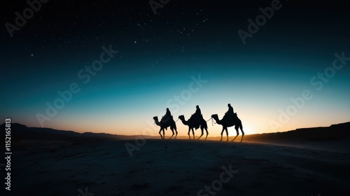 Three camels in silhouette embark on a serene journey across the desert at sunrise, casting long shadows and illustrating the peacefulness of early morning travel. photo