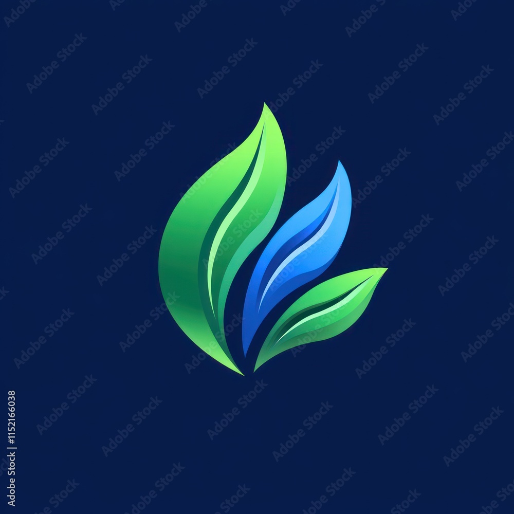 Abstract logo design with three stylized leaves in green and blue gradients on a dark background. Abstract logo design with three stylized leaves in green and blue gradients on a dark background.