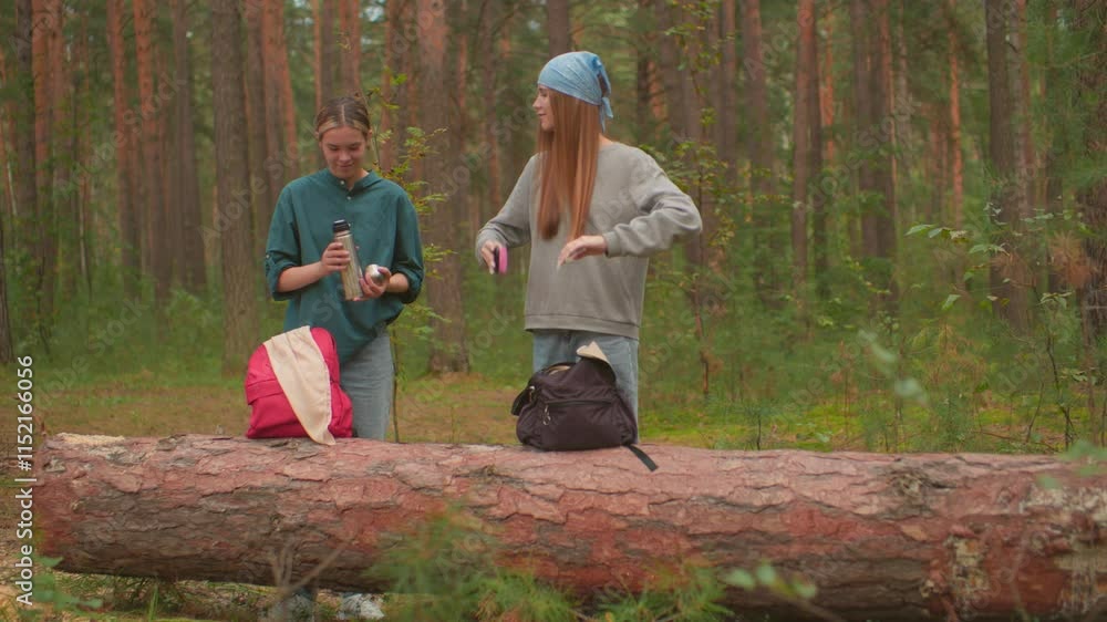 Hikers take a break in serene forest, one presses inner cover of thermos to open it, while other gently brushes her hair, they share a warm smile, backpacks rest on fallen tree Hikers take a break in serene forest, one presses inner cover of thermos to open it, while other gently brushes her hair, they share a warm smile, backpacks rest on fallen tree