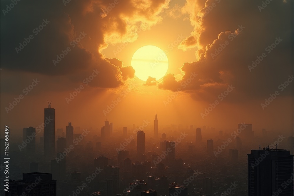 Fototapeta premium A symbolic sun breaking through clouds over a war-torn city