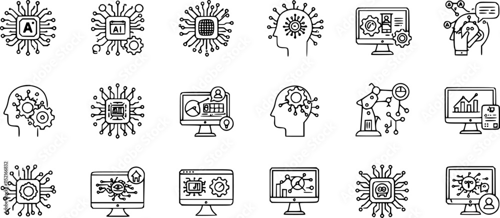Artificial intelligence set of web icons in line style. AI technology icons for web and mobile app. Machine learning, digital AI technology, algorithm, smart robotic, cloud computing network