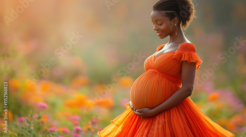 A pregnant woman in an orange gown, bathed in golden light, cradles her burgeoning belly amidst a field of wildflowers.