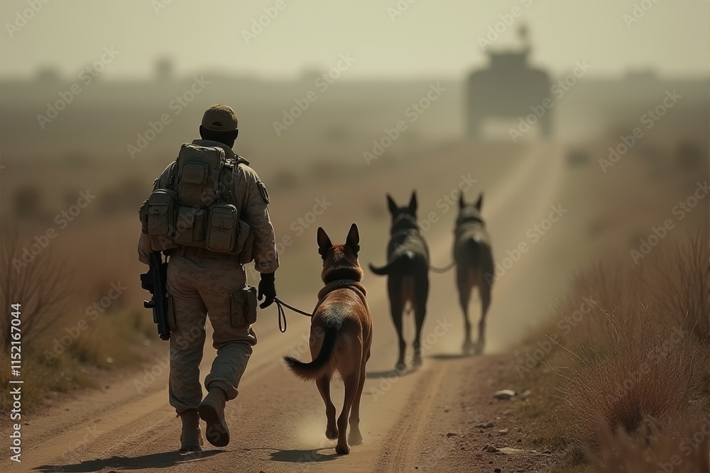 A military dog unit sniffing out threats during a patrol A military dog unit sniffing out threats during a patrol