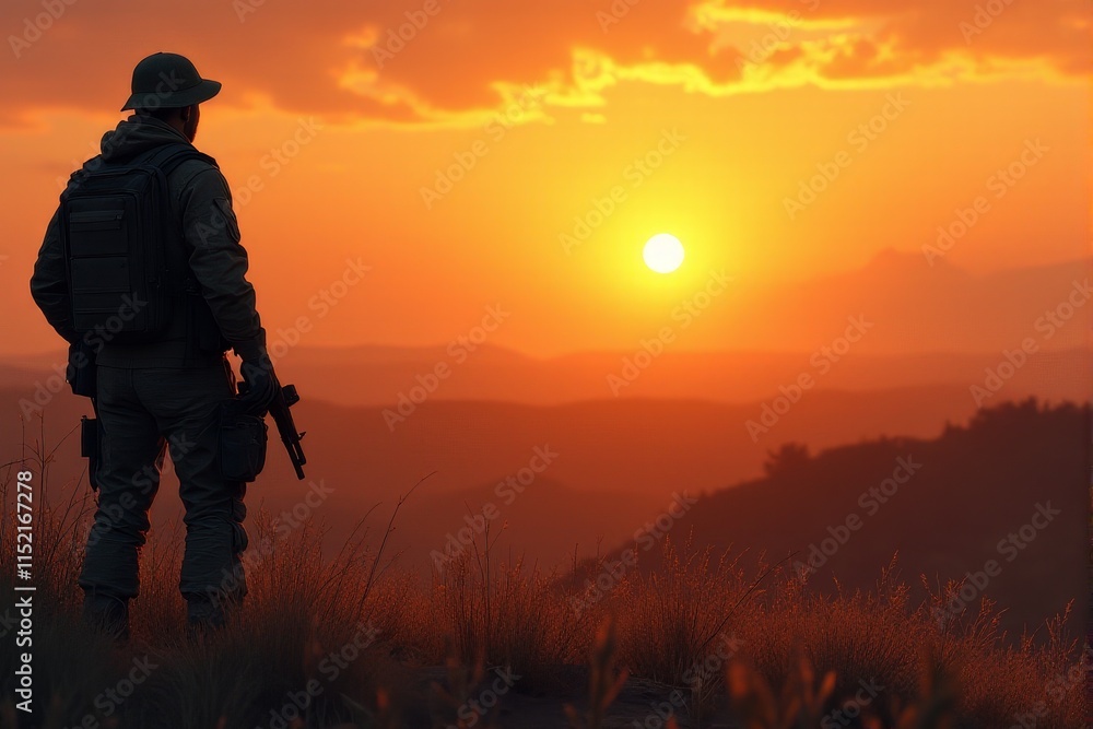 Fototapeta premium A soldier standing guard at a border checkpoint during sunset