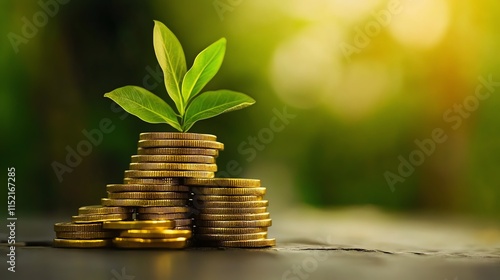 A young green plant growing on a stack of coins, symbolizing investment and growth in nature and finance. photo