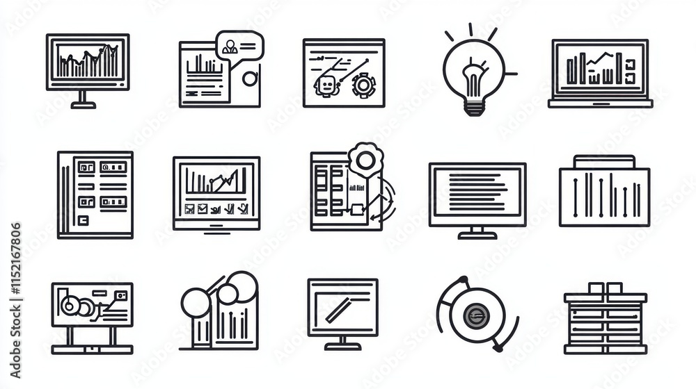 A collection of graphic icons depicting various data analysis and technology concepts in a minimalist style. A collection of graphic icons depicting various data analysis and technology concepts in a minimalist style.